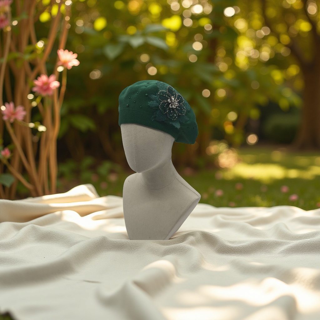 New handcrafted flower cashmere bride-core yarn knitted cap, double-layer beret cap, rhinestone decorated flower cap, warm, breathable, moderate elasticity, French classic fashion, best-selling foreign trade item details Picture