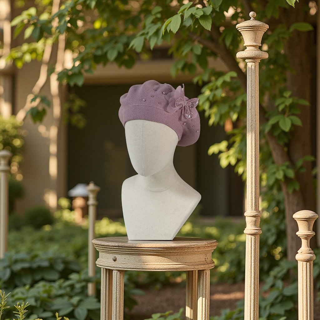 New handcrafted flower cashmere brackish yarn knitted cap, double-layer beret cap, rhinestone decorated flower cap, classic French style, warm, breathable, elastic and comfortable, fashionable and popular in foreign trade details Picture