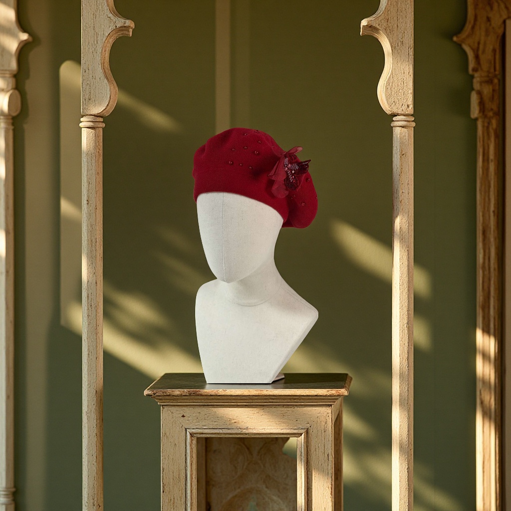 New handcrafted flower cashmere brackish yarn knitted cap, double-layer beret cap, rhinestone decorated flower cap, classic French style, warm, breathable, elastic and comfortable, fashionable and popular in foreign trade Specification image