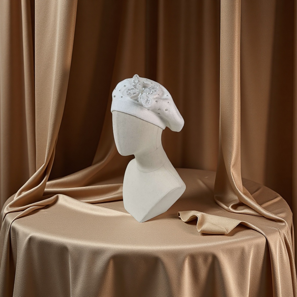 New handcrafted flower cashmere brute yarn knitted hat, double-layer beret hat, rhinestone decorated flower hat, warm, breathable, comfortable, moderate elasticity, French classic, foreign trade fashion bestseller