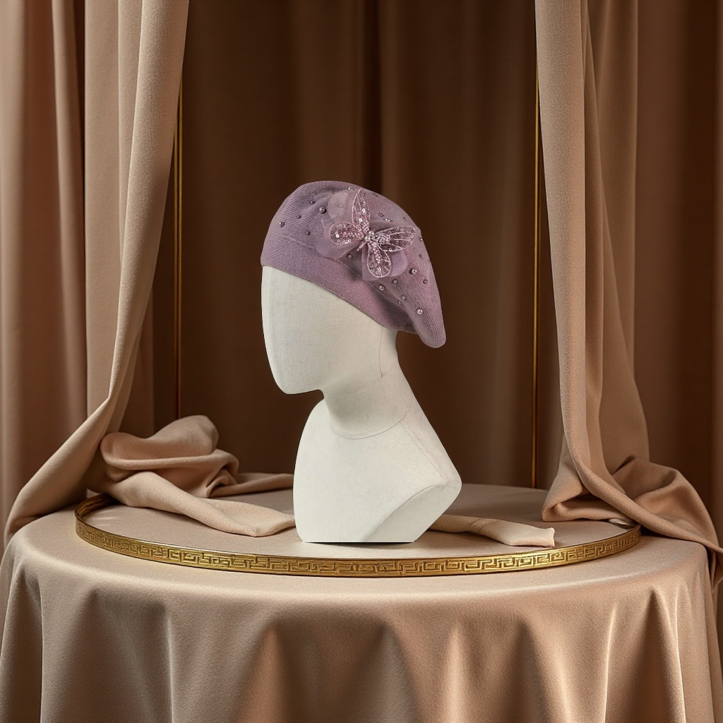 New handcrafted flower cashmere brute yarn knitted hat, double-layer beret hat, rhinestone decorated flower hat, warm, breathable, comfortable, moderate elasticity, French classic, foreign trade fashion bestseller details Picture