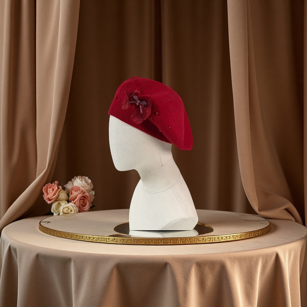 New handcrafted flower cashmere brute yarn knitted hat, double-layer beret hat, rhinestone decorated flower hat, warm, breathable, comfortable, moderate elasticity, French classic, foreign trade fashion bestseller Specification image