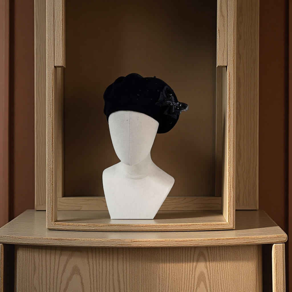 New handcrafted flower cashmere bride-core yarn knitted cap, double-layer beret cap with rhinestone decoration, warm, breathable, elastic and comfortable, French classic and fashionable export style