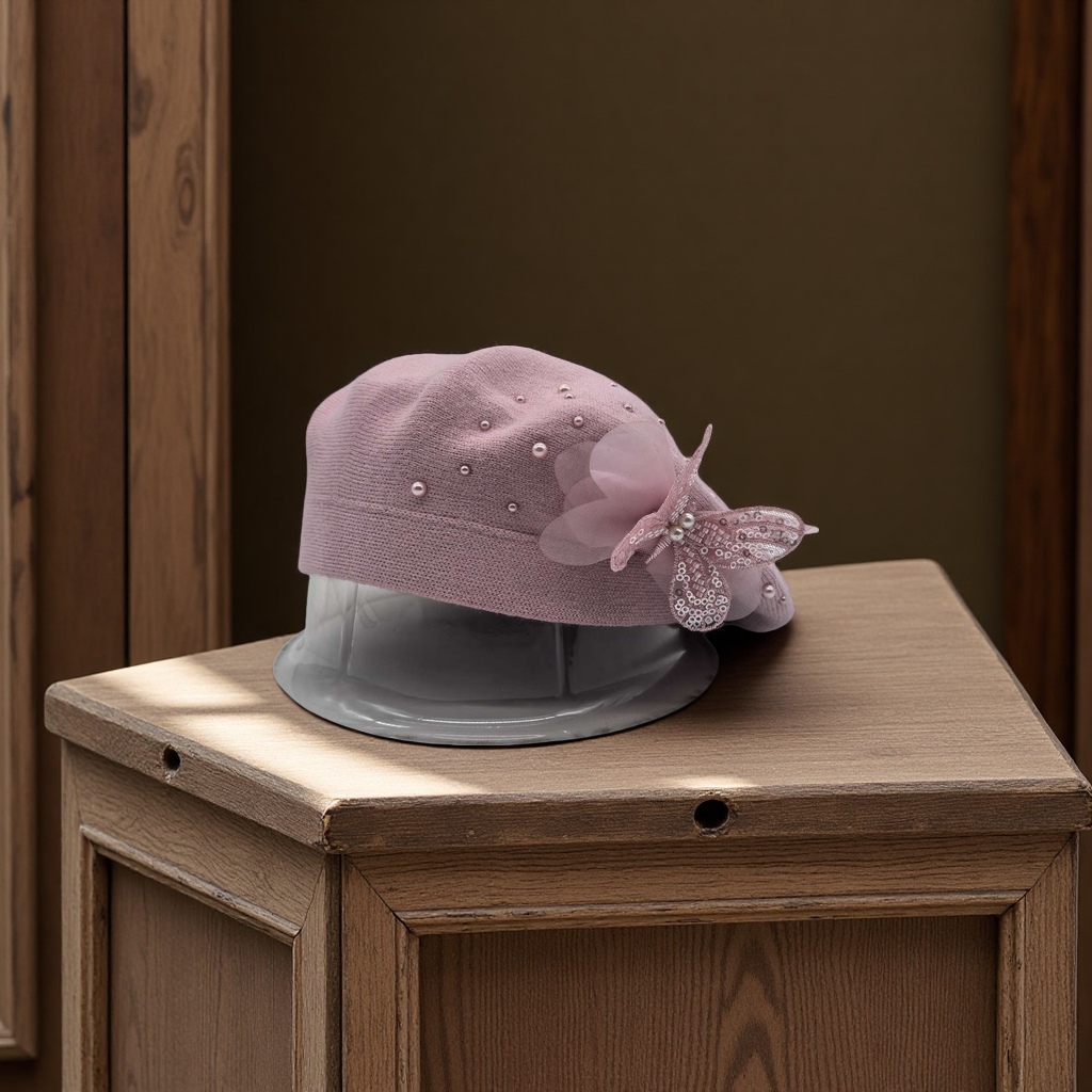 New handcrafted flower cashmere bride-core yarn knitted cap, double-layer beret cap with rhinestone decoration, warm, breathable, elastic and comfortable, French classic and fashionable export style Item Picture