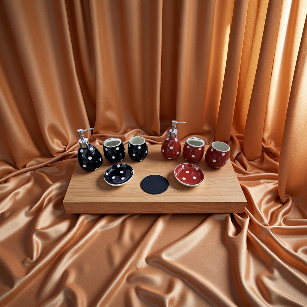 Red and black polka dot ceramic bathroom four-piece set: lotion bottle, toothbrush holder, mouthwash cup, soap box Application Scenario