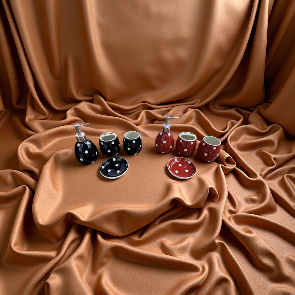 Red and black polka dot ceramic bathroom four-piece set: lotion bottle, toothbrush holder, mouthwash cup, soap box Specification image