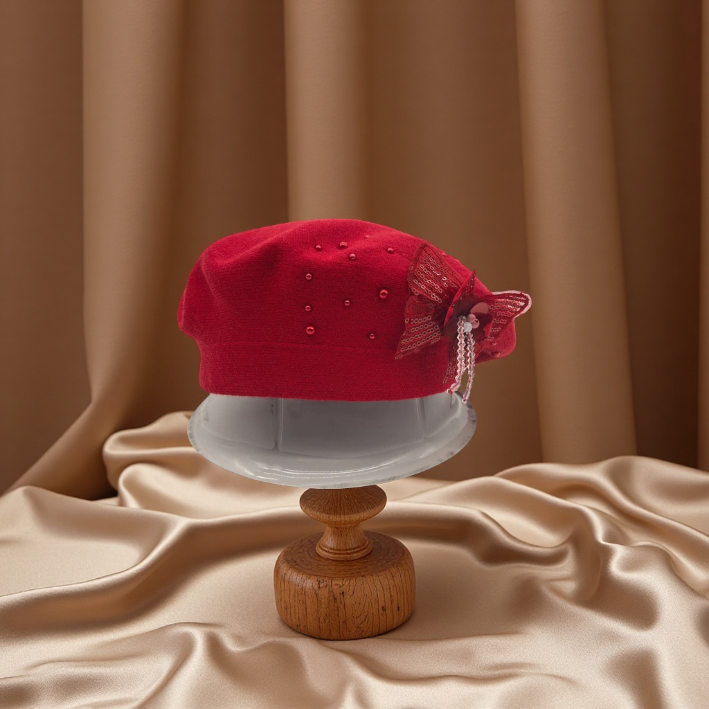 New handcrafted flower cashmere brackish yarn knitted cap, double-layer beret cap, rhinestone decorated flower cap, classic French style, warm, breathable, elastic, comfortable and fashionable, best-selling for foreign trade details Picture