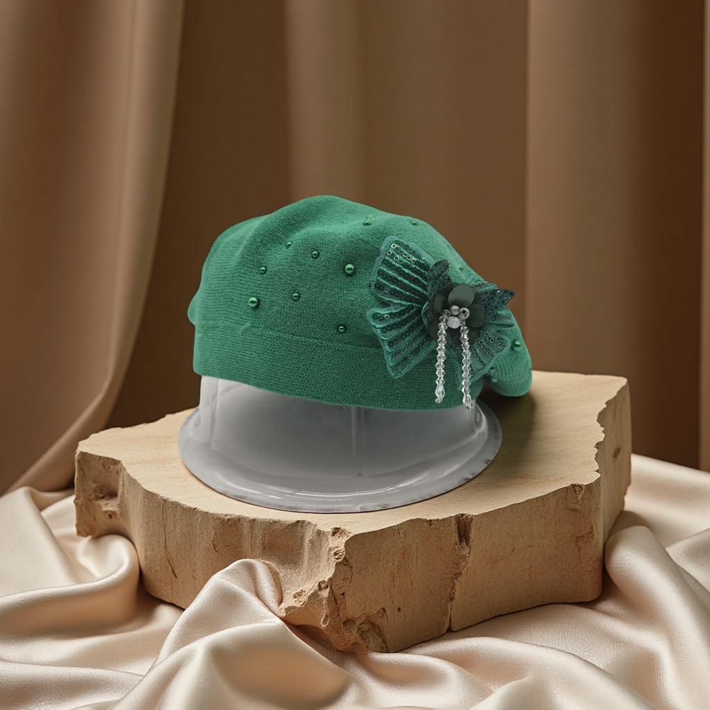 New handcrafted flower cashmere brackish yarn knitted cap, double-layer beret cap, rhinestone decorated flower cap, classic French style, warm, breathable, elastic, comfortable and fashionable, best-selling for foreign trade Item Picture