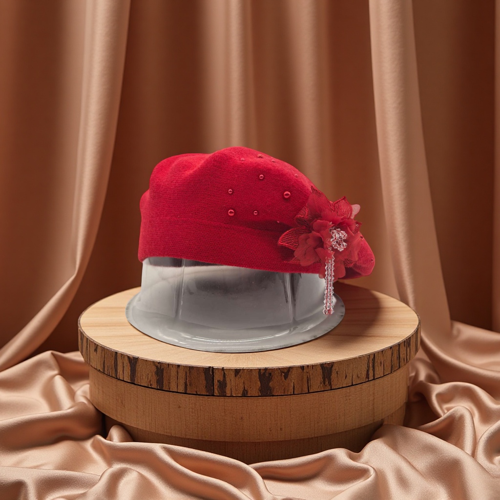 New handcrafted flower cashmere bride-core yarn knitted cap, double-layer beret cap, rhinestone decorated flower cap, French classic, warm, breathable, comfortable, moderate elasticity, fashionable and popular export item details Picture