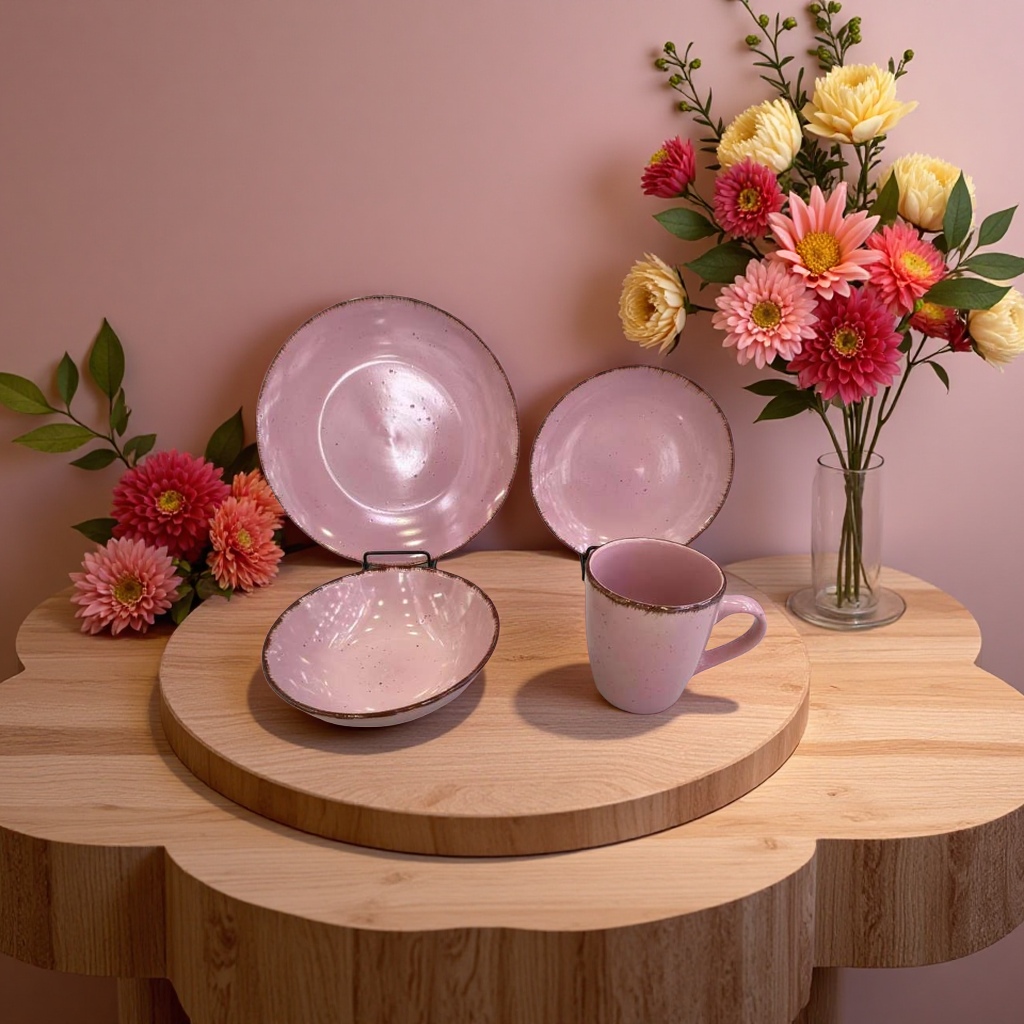 粉色16头高温烧制陶瓷餐具产品图