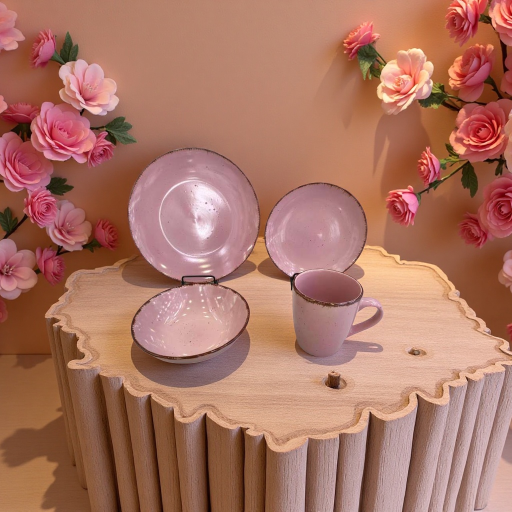 粉色16头高温烧制陶瓷餐具