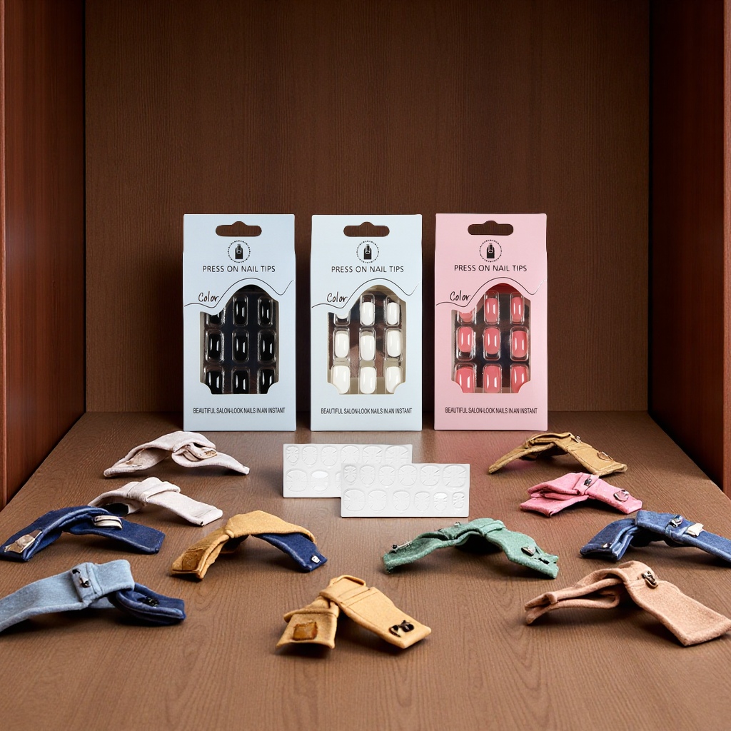 穿戴甲批发中长方头纯色指甲片24片成品搭配背胶贴现货彩色单色指甲刀