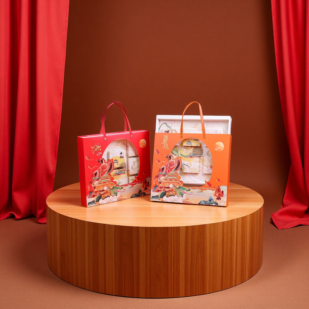 国潮 现货2025新款国潮中秋礼盒6粒装高级月饼手提折叠礼品包装盒附贺卡