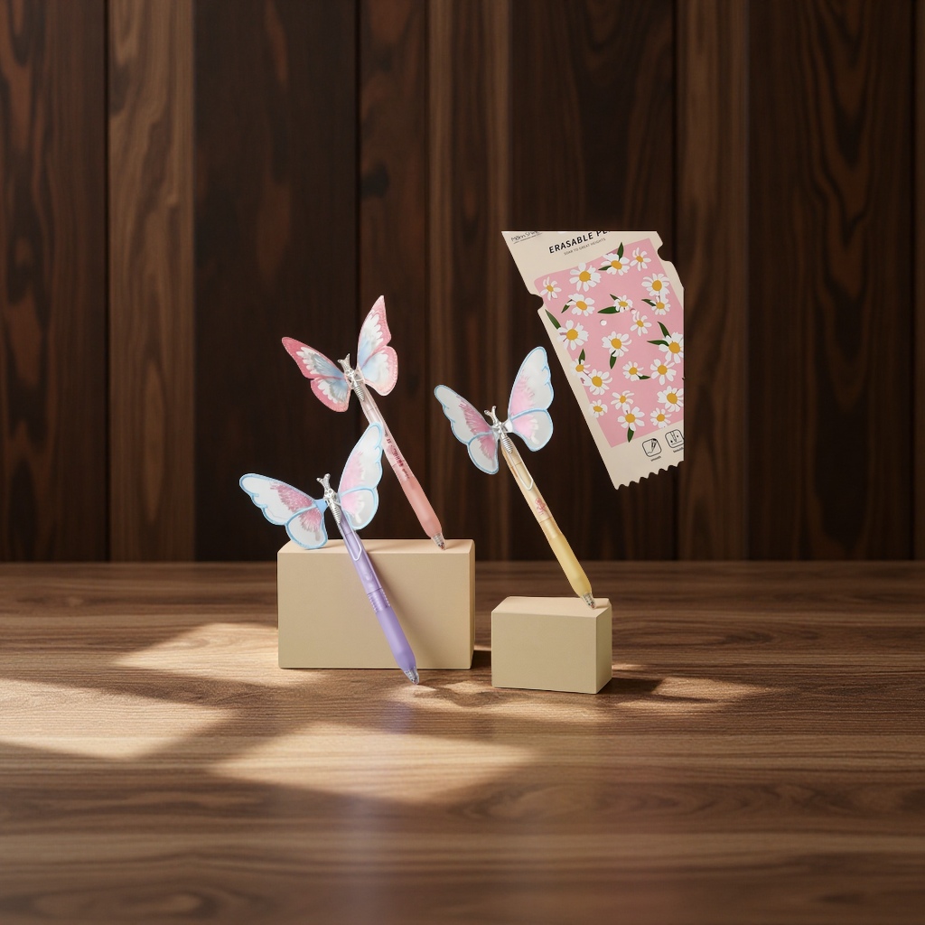 晨兮蝴蝶造型按动可擦中性笔晶蓝学生黑色文具批发可擦笔