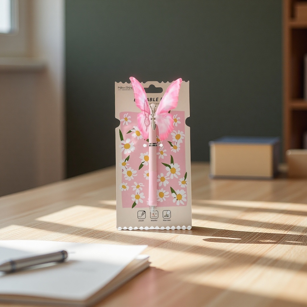 Chenxi butterfly-shaped press erasable gel pen Crystal blue Student black stationery wholesale erasable pen Specification image