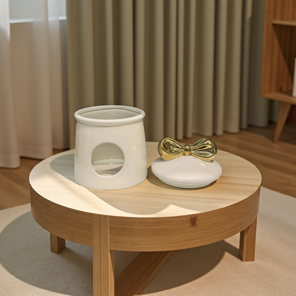 Cute bow-shaped cylindrical ceramic tissue box, home living room coffee table dust-proof tissue box, desktop napkin box with thermos cup, cute bow-shaped cylindrical ceramic tissue box, home living room coffee table dust-proof tissue box table details Picture