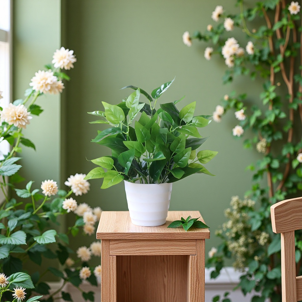 仿真绿萝花萝波斯叶装饰，室内装饰盆景，家具装饰盆景，可清洗，随意摆放，随意搭配，7叉绿萝，植物造景