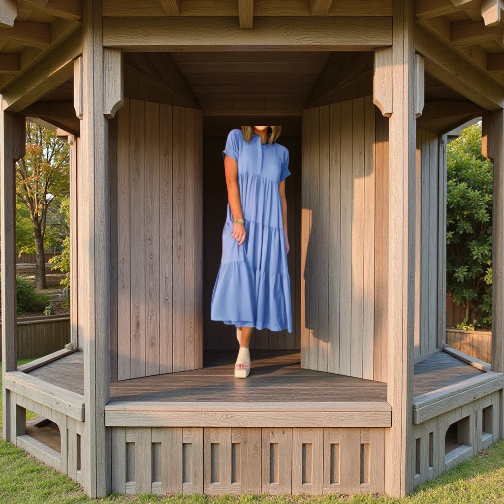 2025年夏季跨境女装V领分层式口袋中长宽松休闲连衣裙宽松裙子