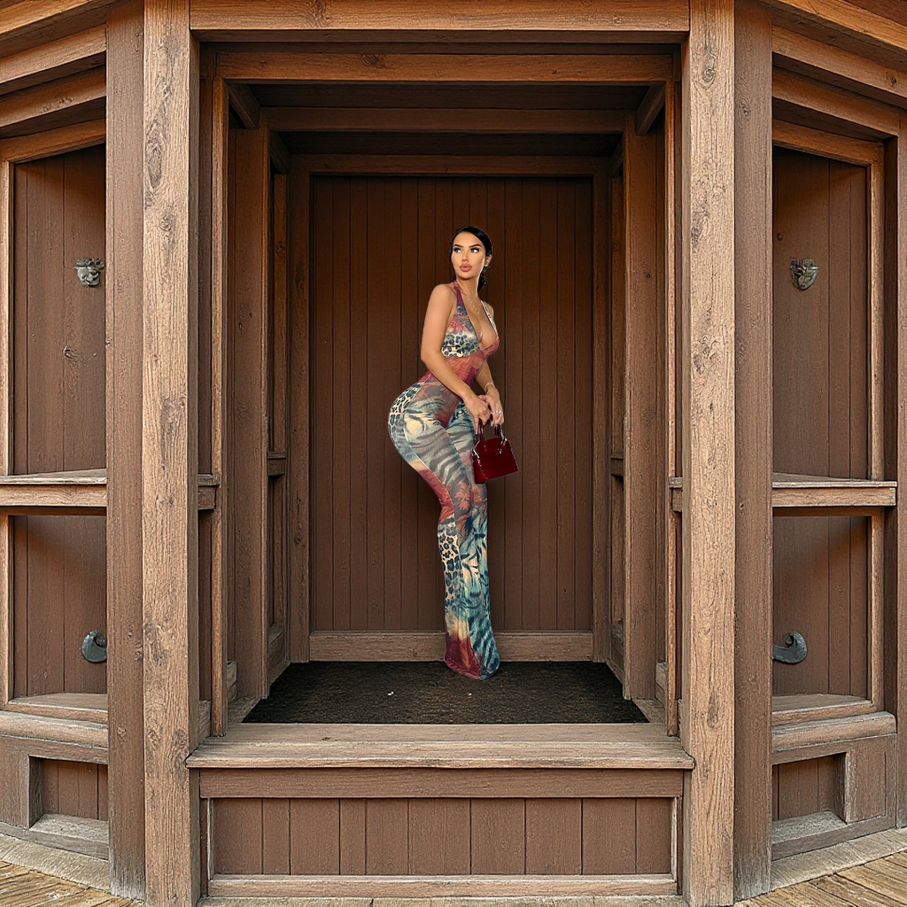 C25JP161 Cross-border women's clothing, animal print, halter, tie, V-neck, backless, slim, slightly flared long pants, jumpsuit, fashionable, trendy, casual and versatile