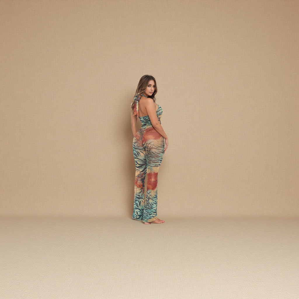 C25JP161 Cross-border women's clothing, animal print, halter, tie, V-neck, backless, slim, slightly flared long pants, jumpsuit, fashionable, trendy, casual and versatile Specification image