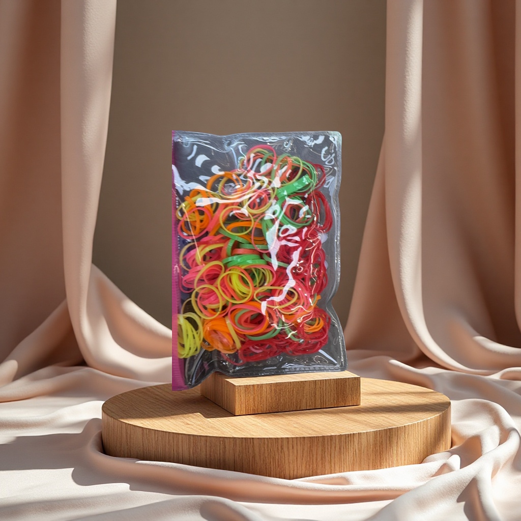 The rubber band is highly elastic and can withstand stretching. It is a multi-purpose office handcrafted rubber band and plastic rubber ring set for 50 pieces