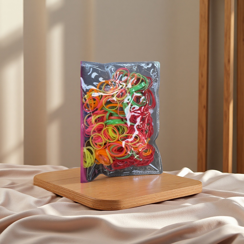 The rubber band is highly elastic and can withstand stretching. It is a multi-purpose office handcrafted rubber band and plastic rubber ring set for 50 pieces Specification image