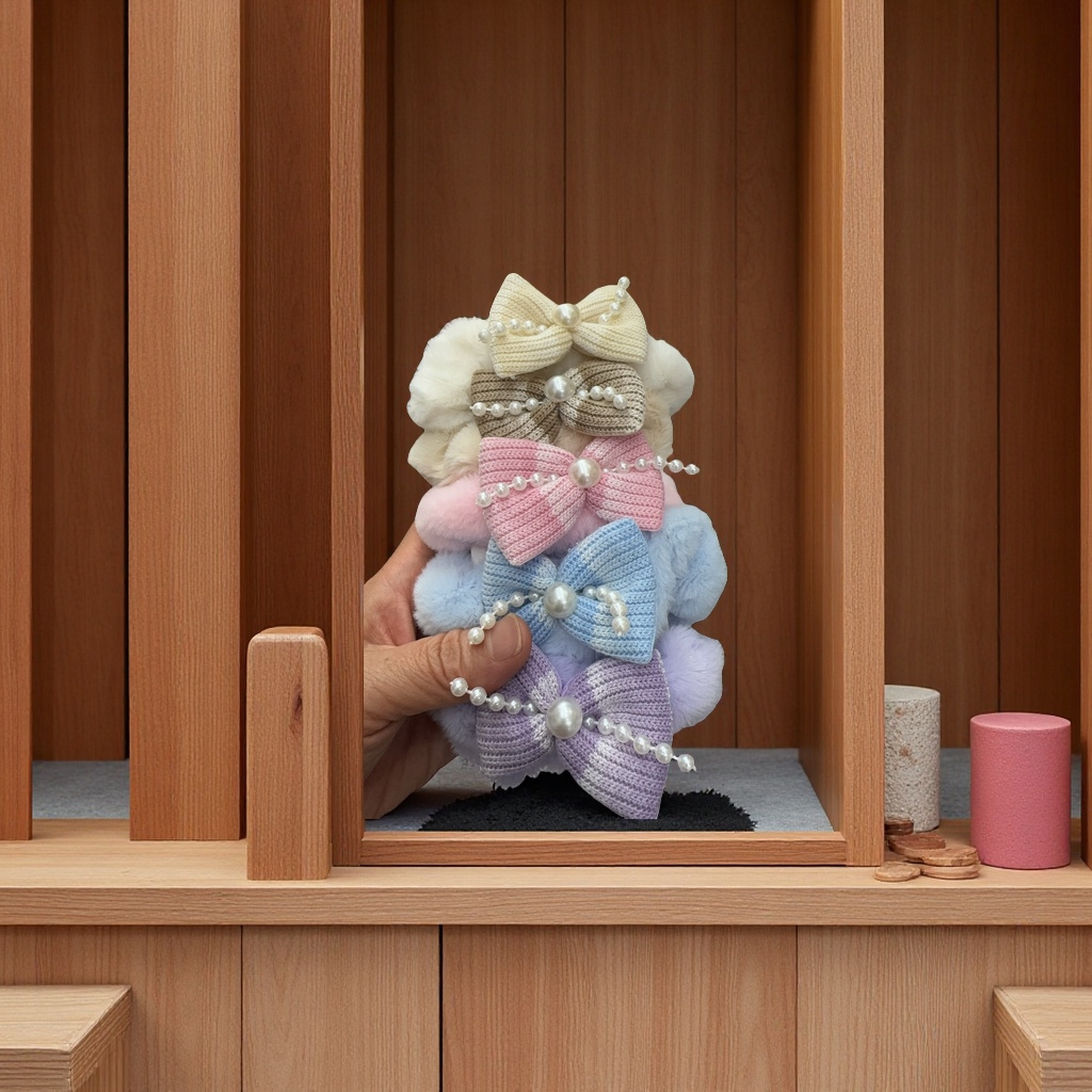 秋冬兔毛发圈可爱领结发饰柔软保暖发圈发绳头饰女童儿童配件白底实物图