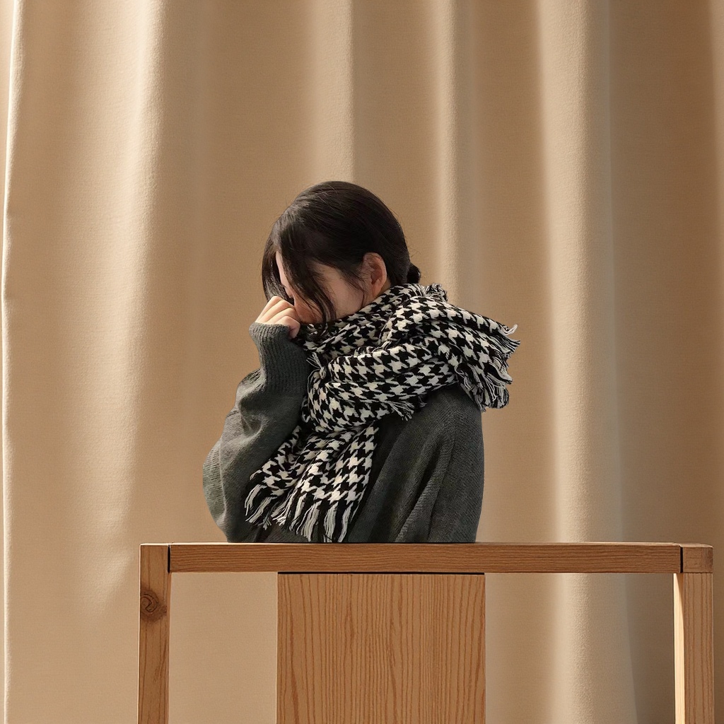 千鸟格针织围巾女冬季韩版百搭学生披肩外搭保暖格纹潮牌经典款