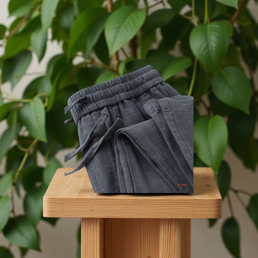 Smoke-gray cotton and linen summer loose casual pants for men, breathable thin straight-leg high-end long pants suitable for both men and women details Picture