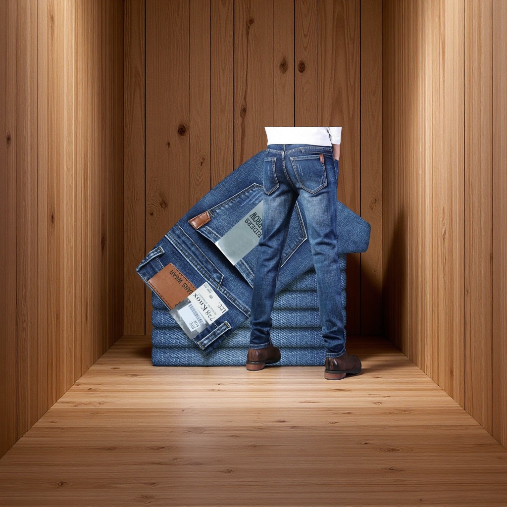 Cross-border bestsellers: Men's jeans, casual long pants for middle-aged and young people, straight, elastic and wear-resistant workwear, trendy men's wear details Picture