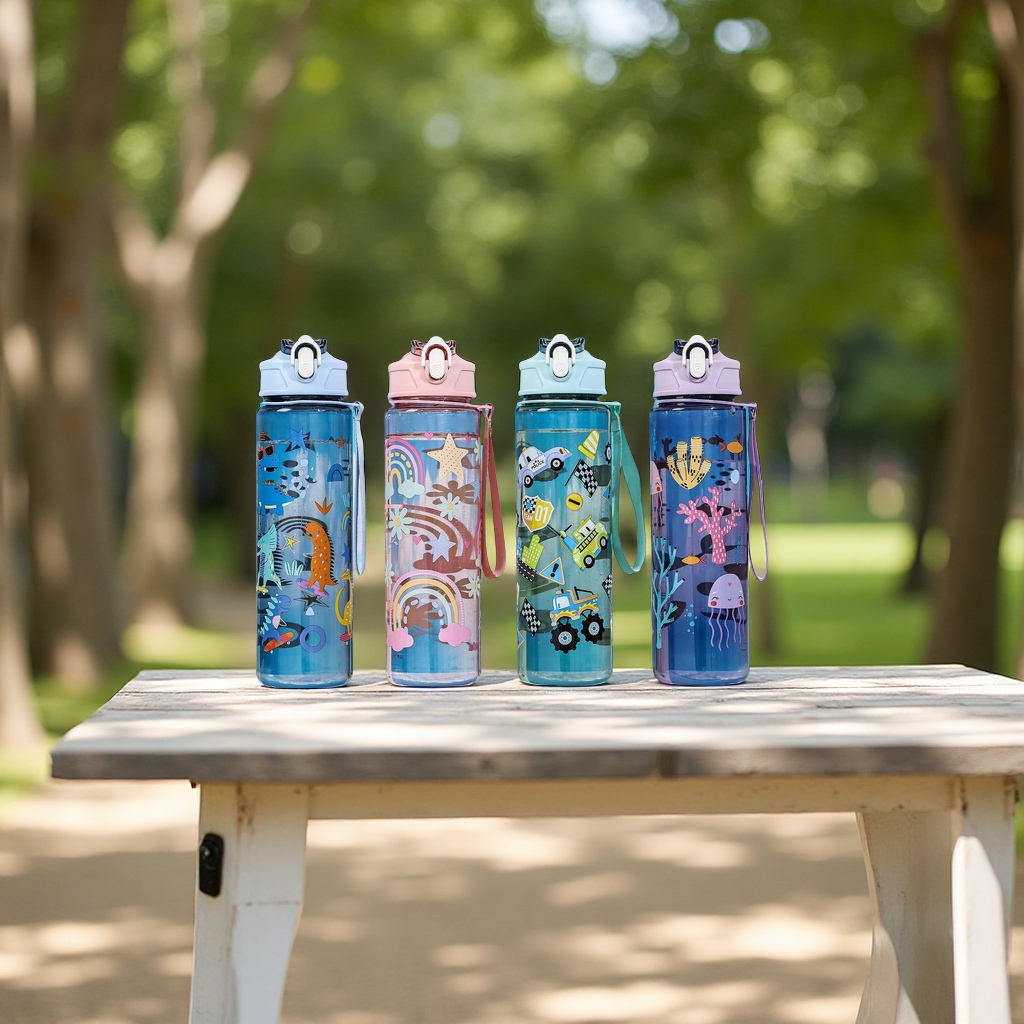 可爱卡通图案弹盖吸管塑料水杯高颜值户外便携大容量提绳水瓶适用家用运动产品图