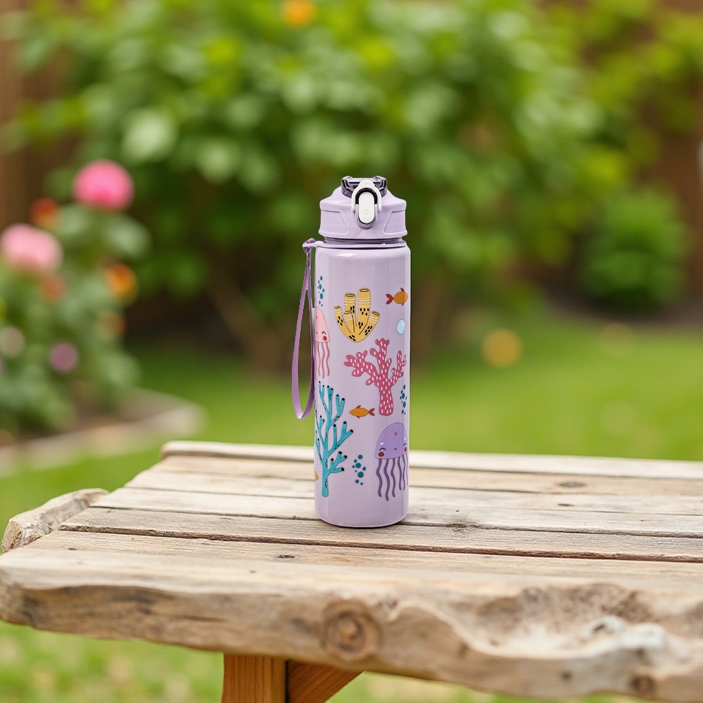 可爱卡通图案弹盖吸管塑料水杯高颜值户外便携大容量提绳水瓶适用家用运动