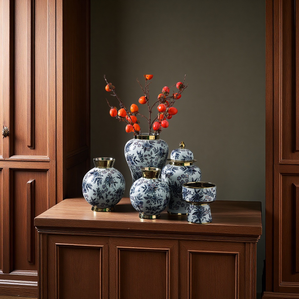 新中式陶瓷将军罐镀金轻奢风家居装饰摆件陶瓷花瓶吸顶灯组合套装