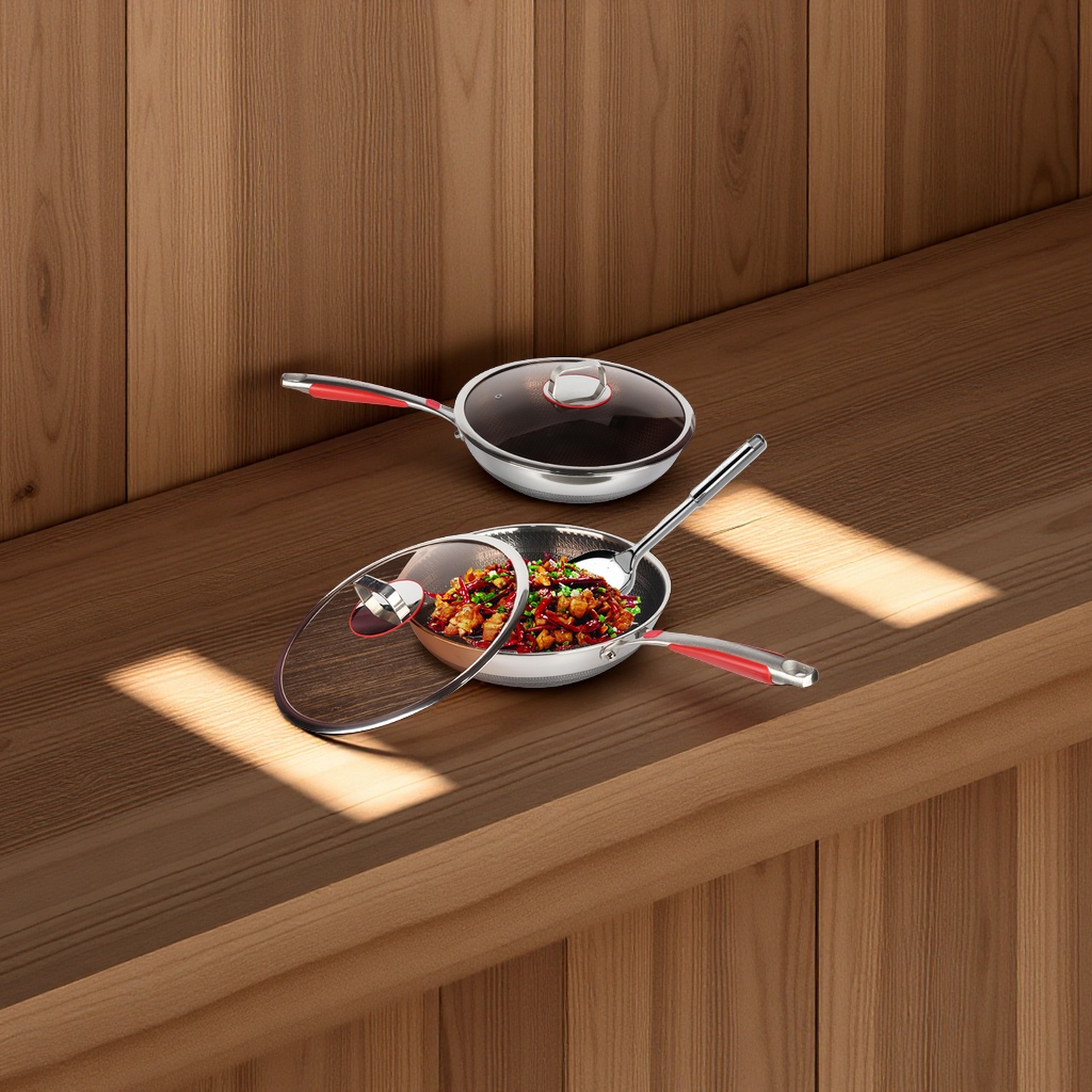 乐氏316不锈钢炒锅双面蜂窝纹平底不粘锅家用电磁炉通用炒菜锅