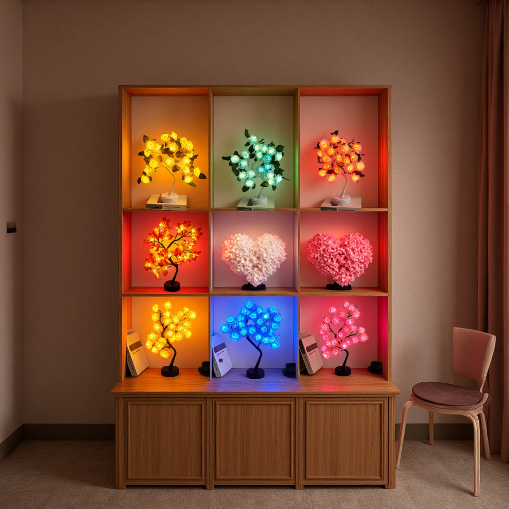 跨境情人节可拆卸塑料底座USB开关LED仿真玫瑰花树灯装饰小夜灯LED装饰灯