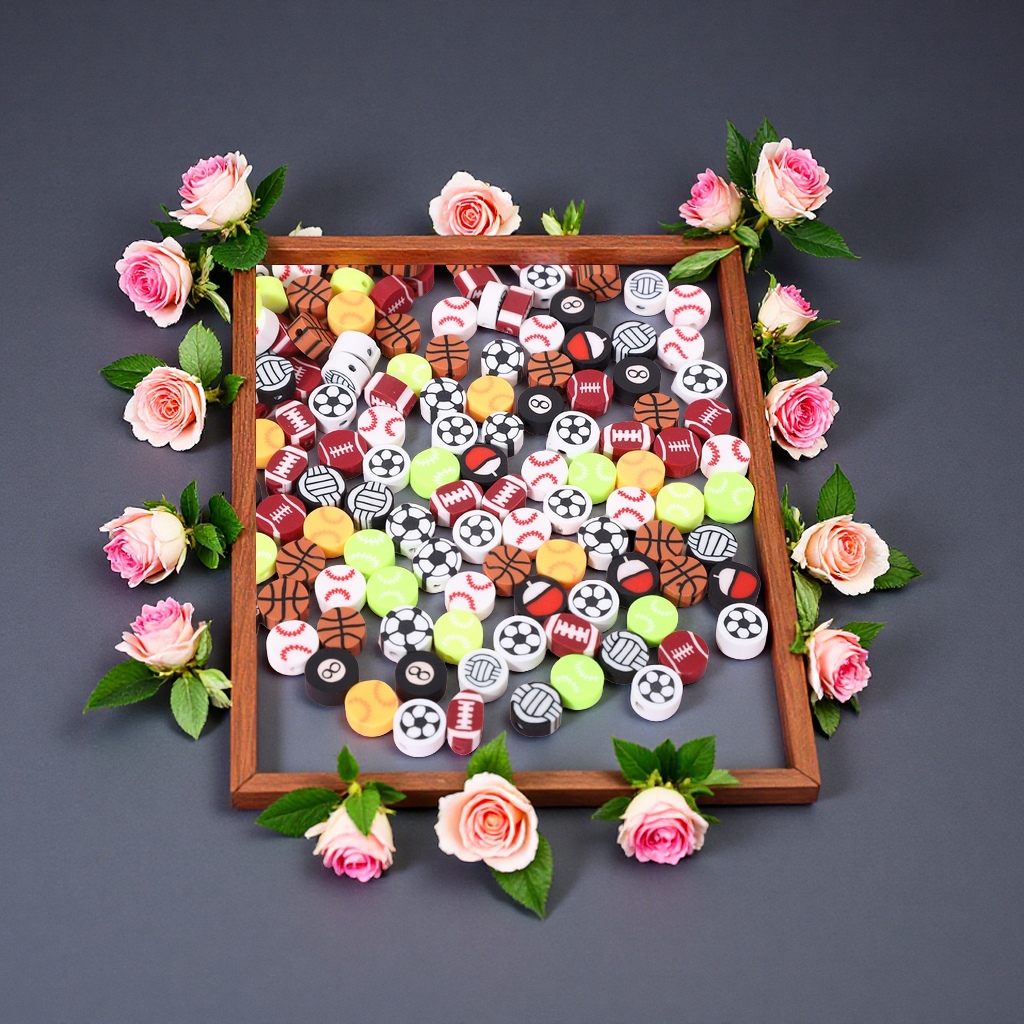 体育球类软陶珠DIY饰品配件散珠实色足球橄榄球排球台球切片串珠1000粒装