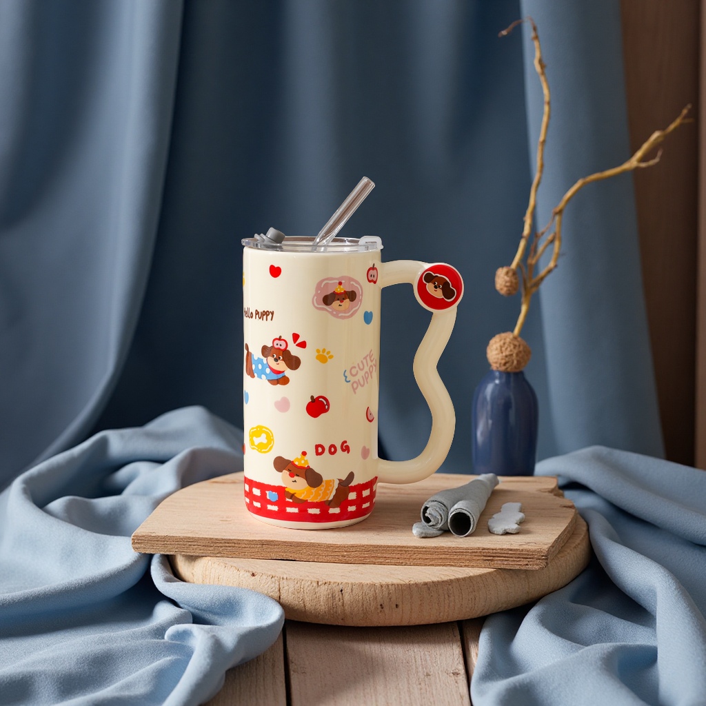 创意陶瓷水杯简约时尚办公家用耐热带盖学生咖啡茶杯350ml细节图