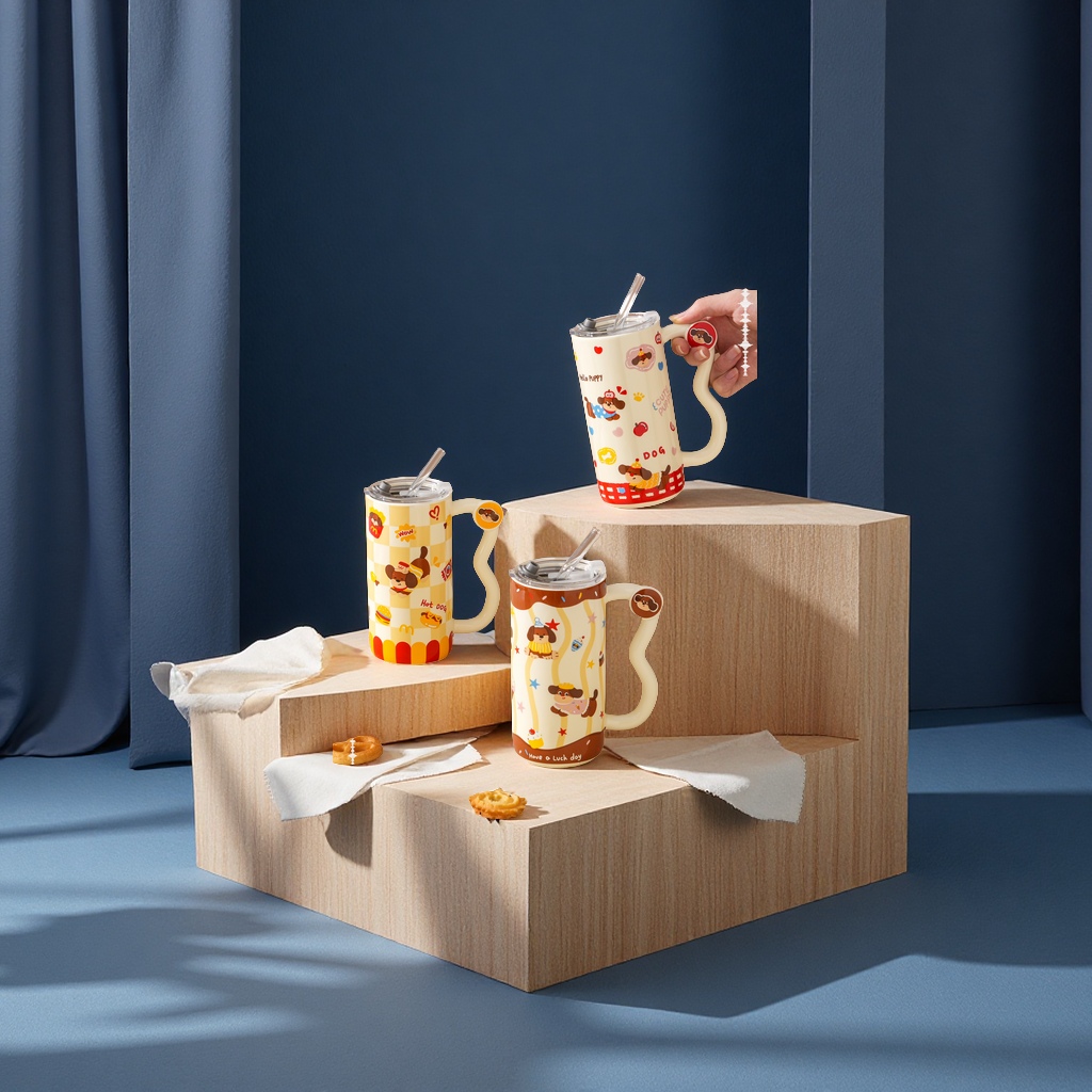 创意陶瓷水杯简约时尚办公家用耐热带盖学生咖啡茶杯350ml