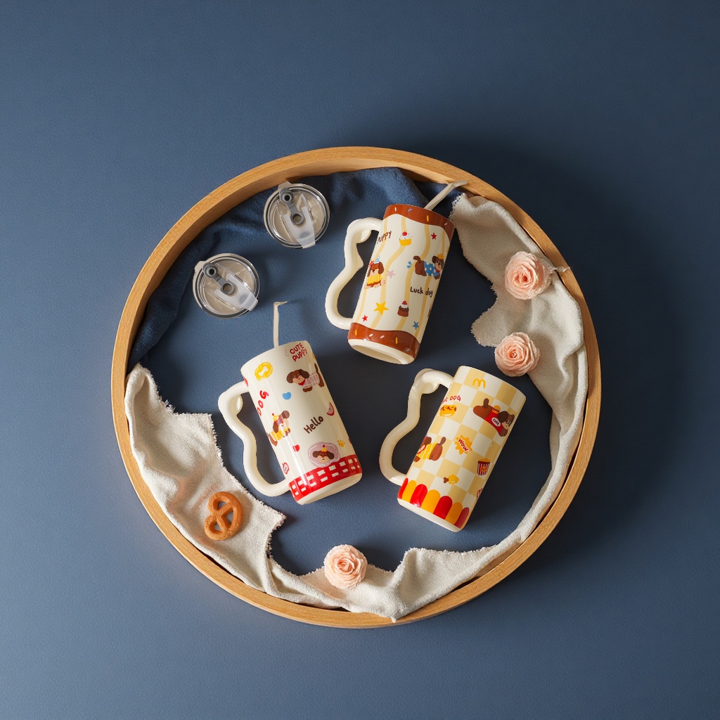 创意陶瓷水杯简约时尚办公家用耐热带盖学生咖啡茶杯350ml产品图