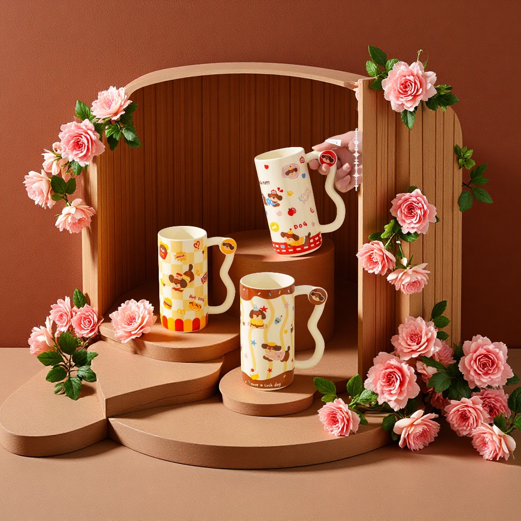 创意陶瓷水杯简约时尚办公家用耐热带盖学生茶杯350ml多色可选