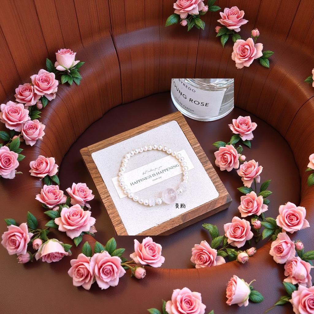 RIBACA天然珍珠粉晶手串简约时尚送礼精品手链女款情侣款手链饰品白底实物图