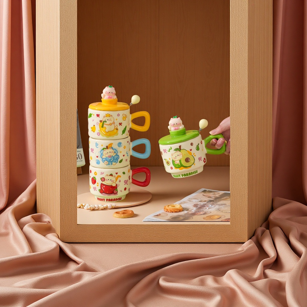 创意多彩陶瓷水杯带手柄耐热办公家用350ml时尚简约潮流杯子产品图