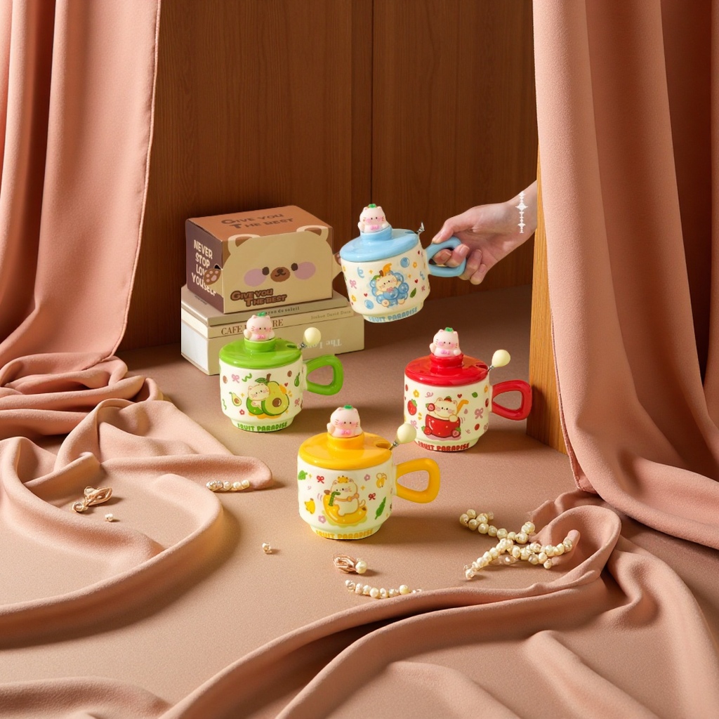 创意多彩陶瓷水杯带手柄耐热办公家用350ml时尚简约潮流杯子