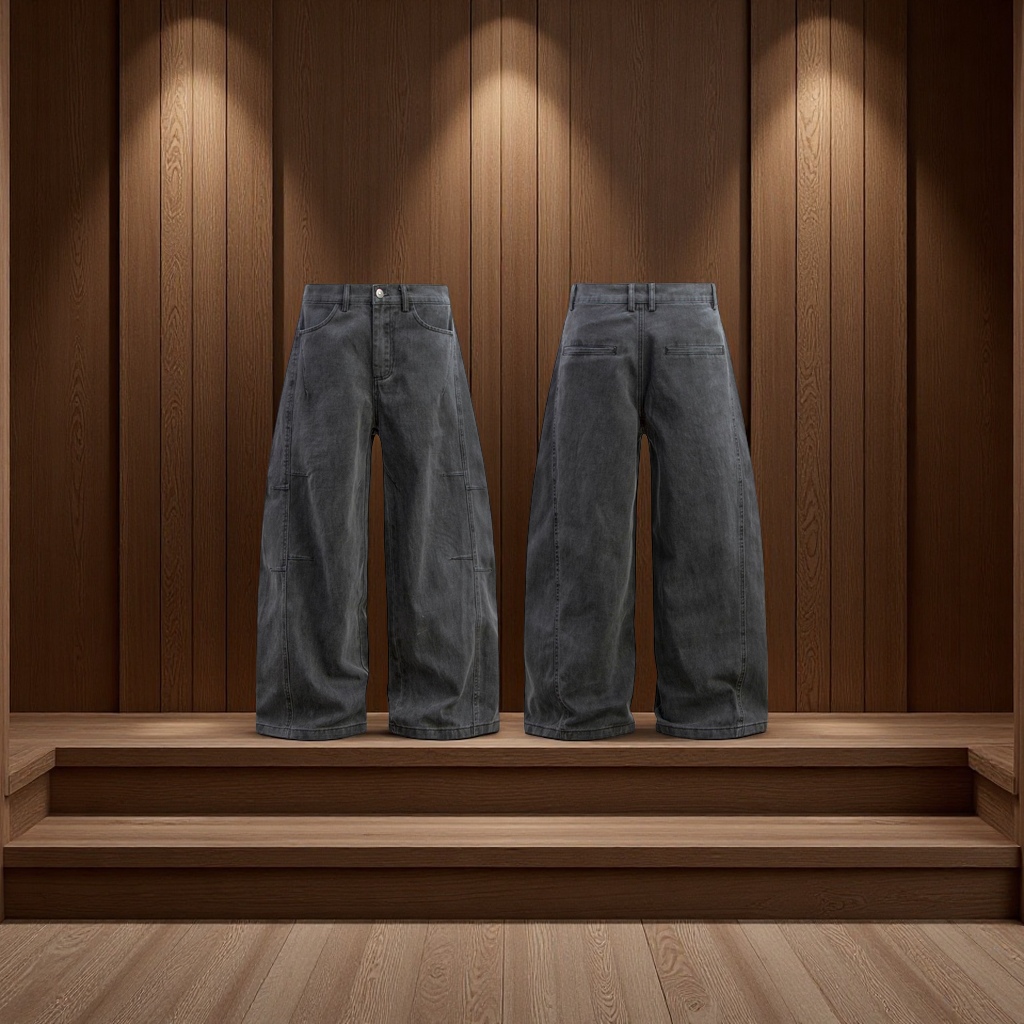 男士美式复古水洗做旧弧形弯刀宽松休闲长裤潮牌小众廓形镰刀裤