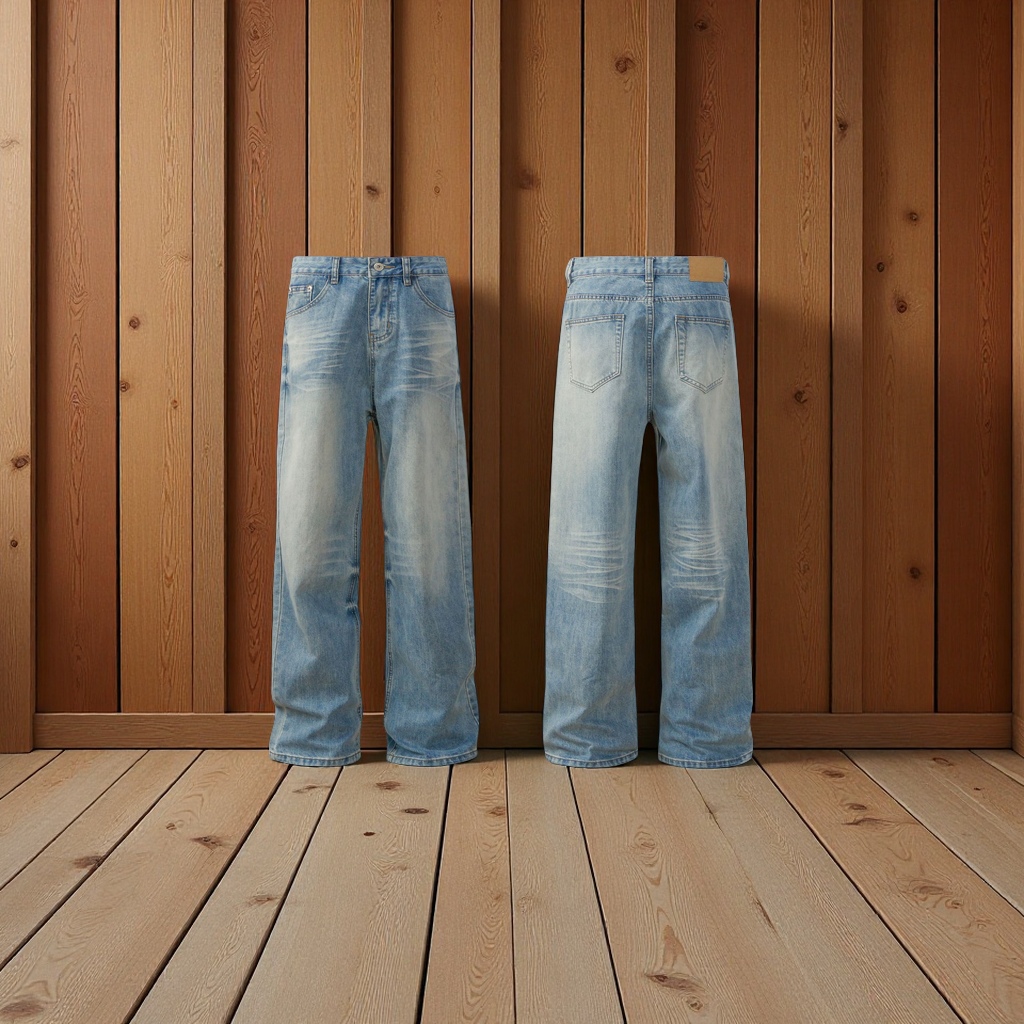 美式复古水洗猫须clean fit直筒阔腿牛仔裤男潮牌高街宽松长裤男士牛仔裤