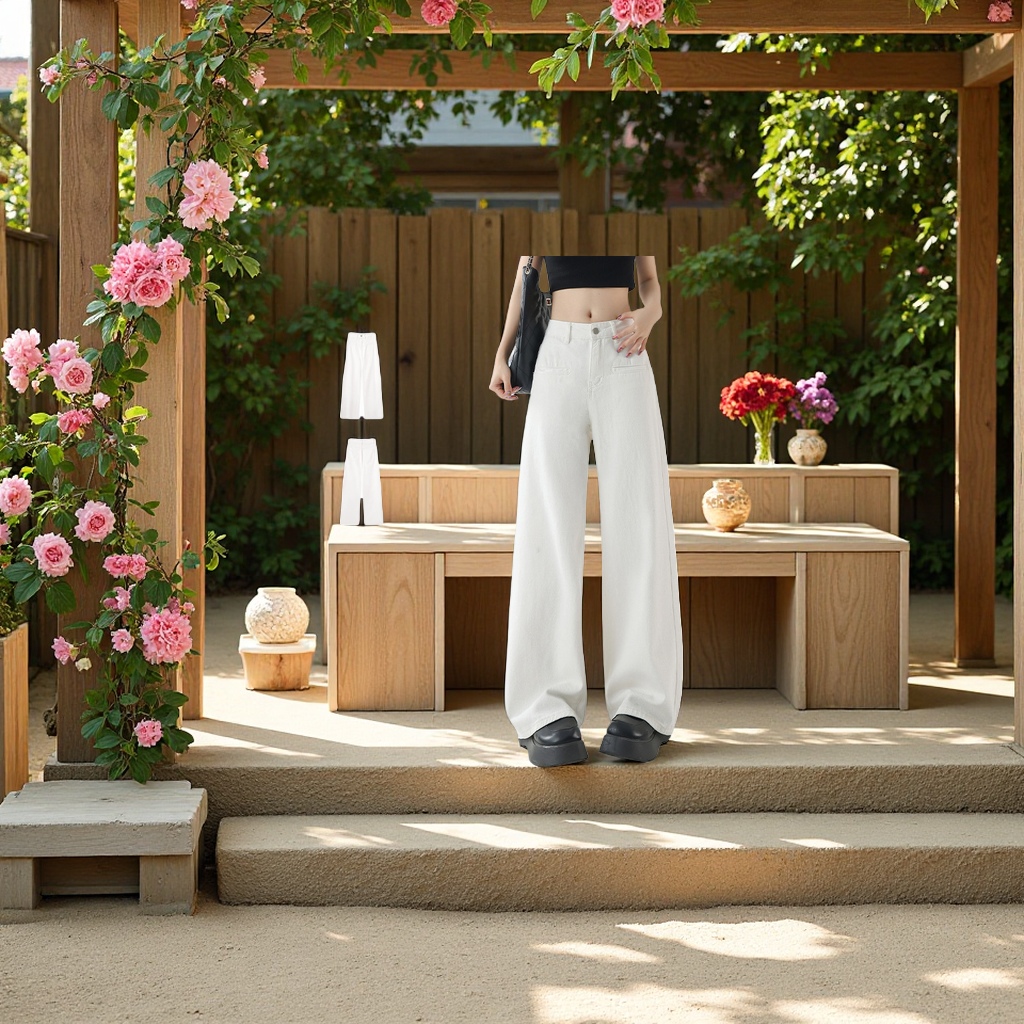 白色美式阔腿牛仔裤女2025夏季中腰宽松显高显瘦修饰腿型长裤休闲裤