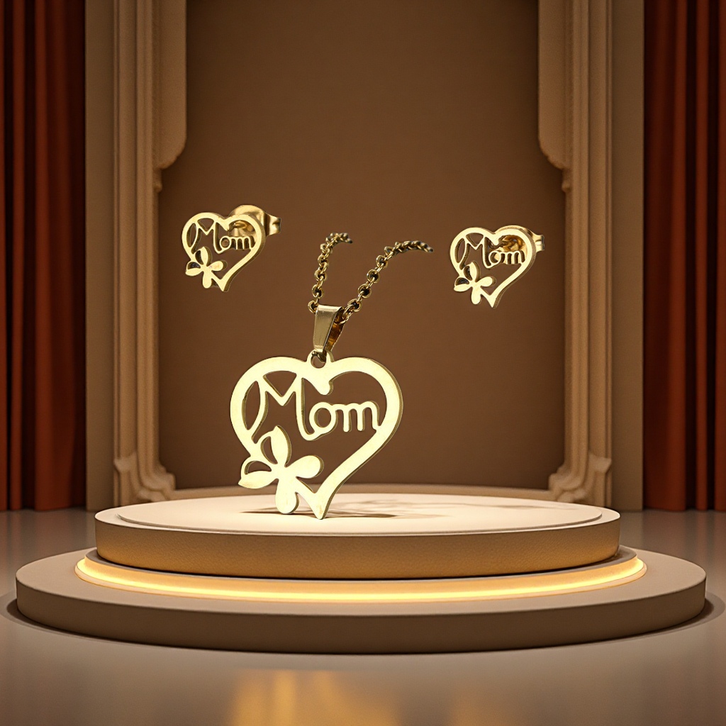 欧美金色镂空光面MOM爱心吊坠不锈钢耳钉套装母亲节项链批发时尚饰品礼物赠品