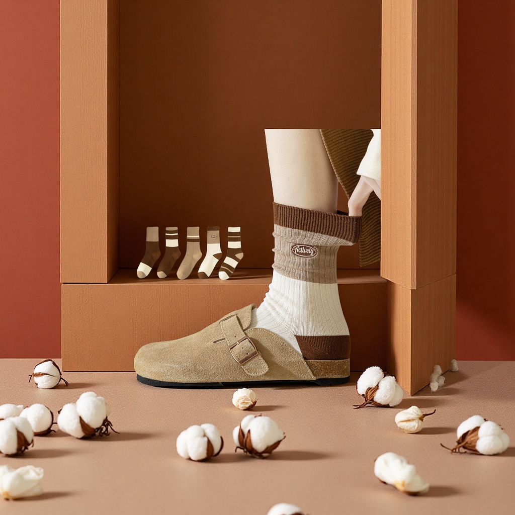 纯棉女中筒堆堆袜春秋运动休闲长袜薄款吸汗无骨美拉德全棉春夏款