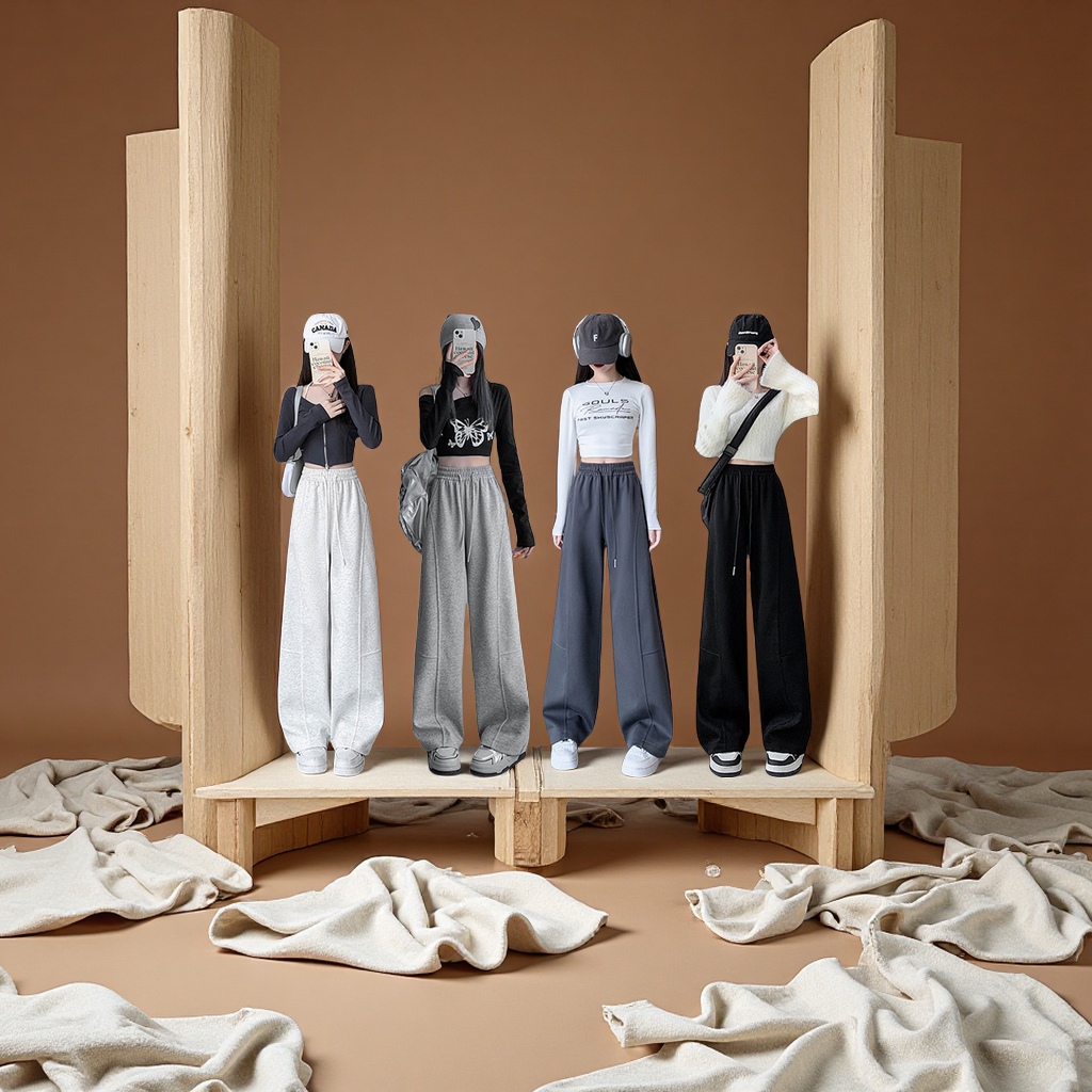 American curved wide-leg pants for women 2025 new style high-waisted loose straight-leg sporty casual banana sweatpants details Picture