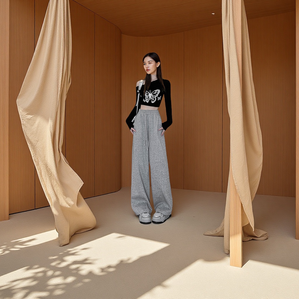 American curved wide-leg pants for women 2025 new style high-waisted loose straight-leg sporty casual banana sweatpants Specification image